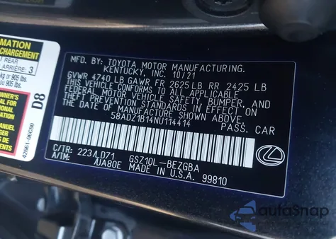 2022 Lexus Es из США, поврежденный, VIN 58ADZ1B14NU114414